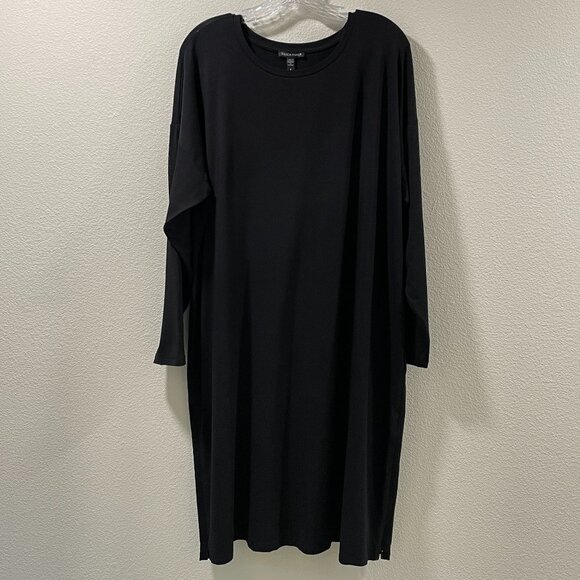 (NWT) EILEEN FISHER Stretch Knit Jewel Neck Long Sleeve Midi Dress, Black - 1X - Picture 1 of 12